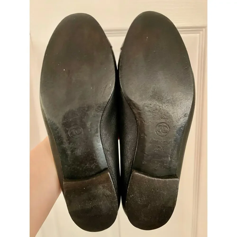 Authentic Chanel Lambskin Leather Ballet Flats 36.5 Black CC Bow Patent Cap Toe